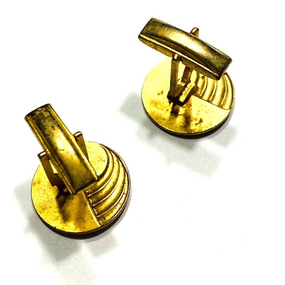 Vintage Mid Century Men’s jewelry Set Cufflinks & Matching Tie Bar Gold Rounds - Picture 3 of 8